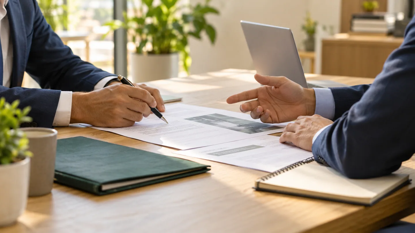 Two professionals discussing business documents at a sunlit meeting table.