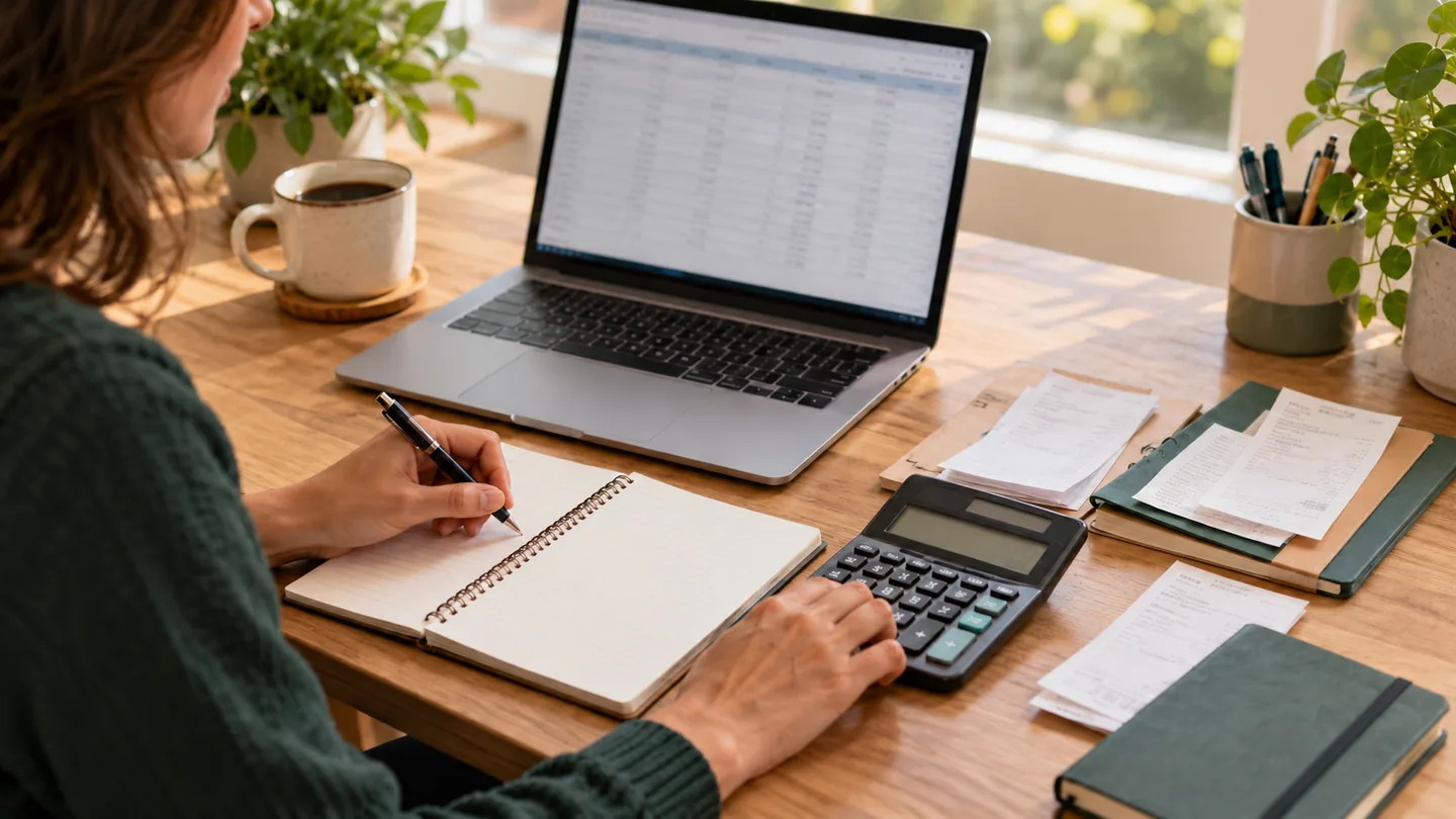 Bookkeeping records being reviewed with a laptop, receipts, notebook and calculator.