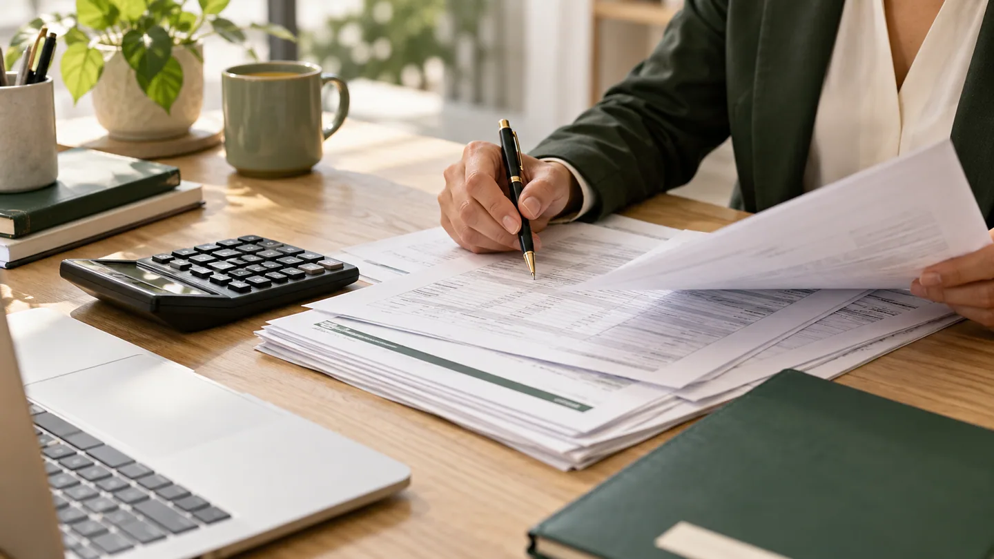 Financial paperwork being reviewed beside a calculator and laptop on a wooden desk.